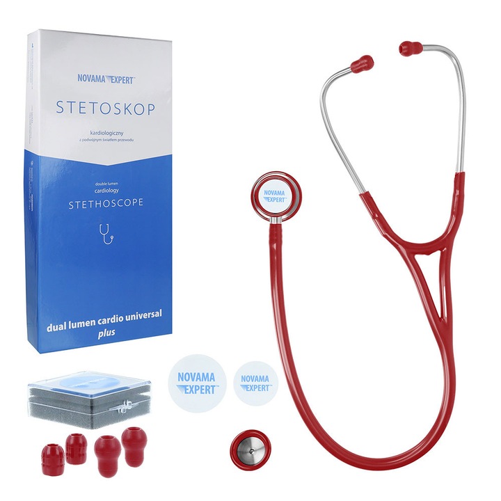 Кардиологичен стетоскоп Novama Expert, С двойна глава от неръждаема стомана, 2 комплекта силиконови накрайници за уши, Резервна диафрагма, Бордо