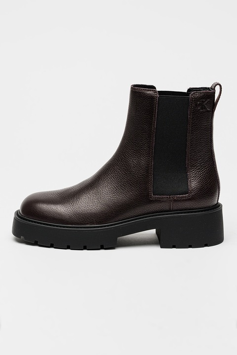 CALVIN KLEIN JEANS, Ghete Chealsea de piele cu toc masiv, Maro cognac