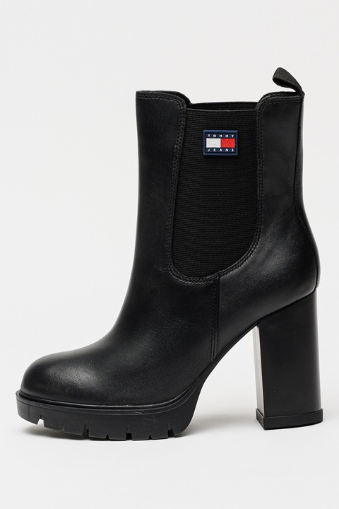 Tommy Jeans, Botine Chelasea de piele napa cu toc inalt, Negru