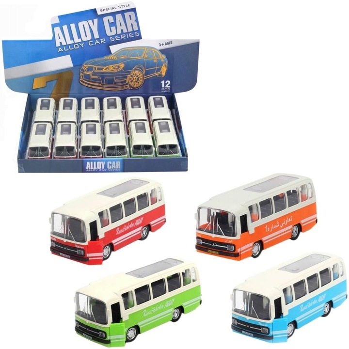 Autobuz metalic TRIFOX, serie Alloy Car, 4 culori, set 12 bucati, dimensiune 10x15x22cm