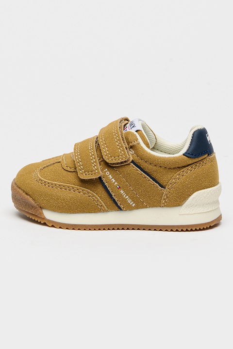 Tommy Hilfiger, Pantofi sport low-cut cu velcro, Maro camel/Bleumarin