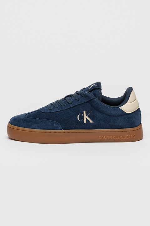 CALVIN KLEIN JEANS, Pantofi sport low-cut din piele intoarsa cu model clasic si talpa cupsole, Crem/Bleumarin