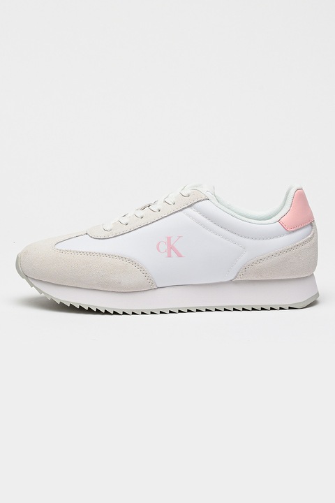 CALVIN KLEIN JEANS, Pantofi sport low-cut cu garnituri de piele intoarsa, Alb optic/Roz