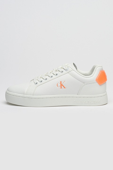 CALVIN KLEIN JEANS, Pantofi sport de piele si piele ecologica cu logo, Alb/Portocaliu