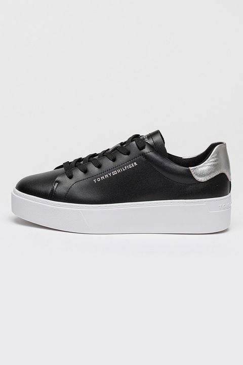 Tommy Hilfiger, Pantofi sport flatform de piele cu logo, Negru/Argintiu