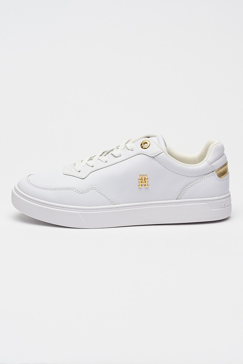 Tommy Hilfiger, Кожени спортни обувки под глезена с метално лого, Бял/Златист
