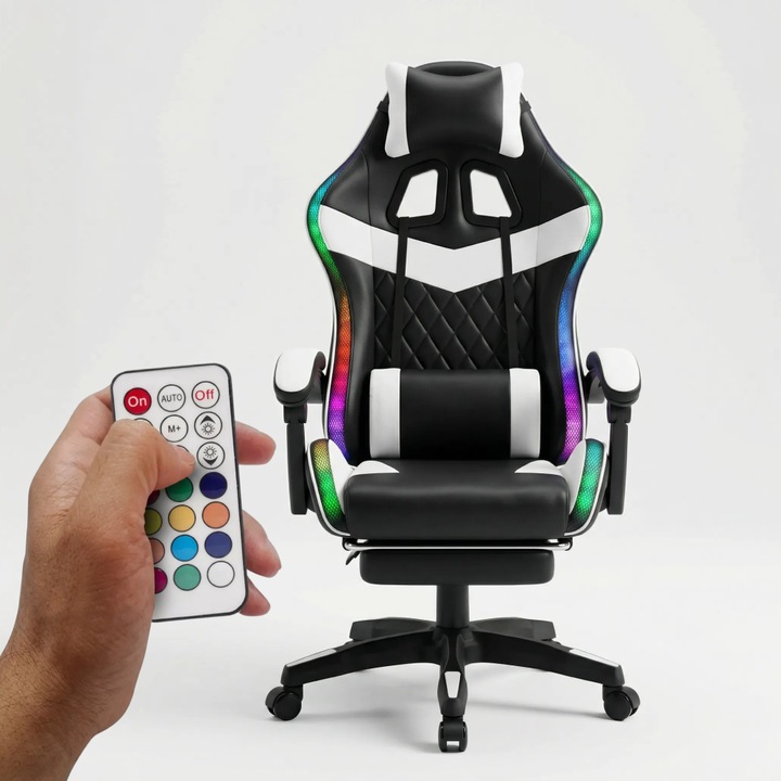 Scaun Gaming Premium TOP SCAUNE®, Sistem Iluminare LED RGB Banda, Telecomanda Control Lumina, Masaj In Perna Lombara Cu Cablu USB, Suport Picioare Retractabil, Tapiterie PU Rezistenta, Spatar Ergonomic, Perne Reglabile, Recliner 90-135°, Negru/Alb
