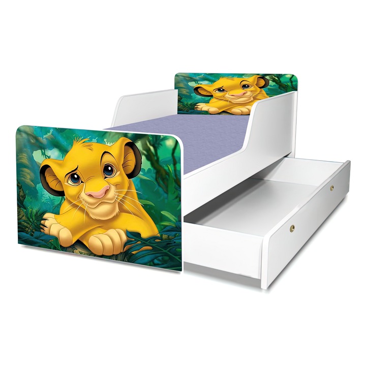 Pat Simba, Regele Leu. 130x60 cm, cu sertar, protectie si saltea inclusa