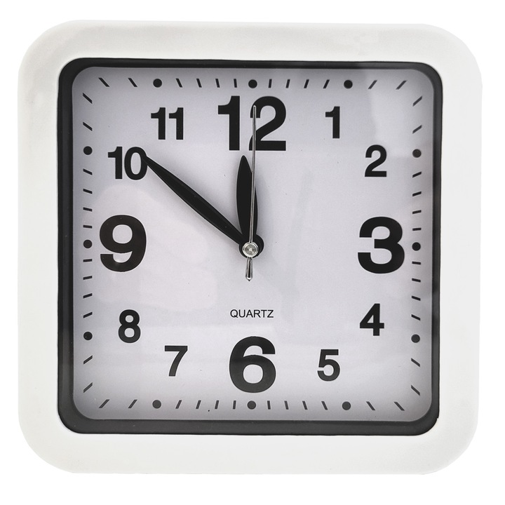 Ceas de masa AndrexNET K42, functie alarma, alimentare 2 x baterii AA, 16 x 16 cm, alb