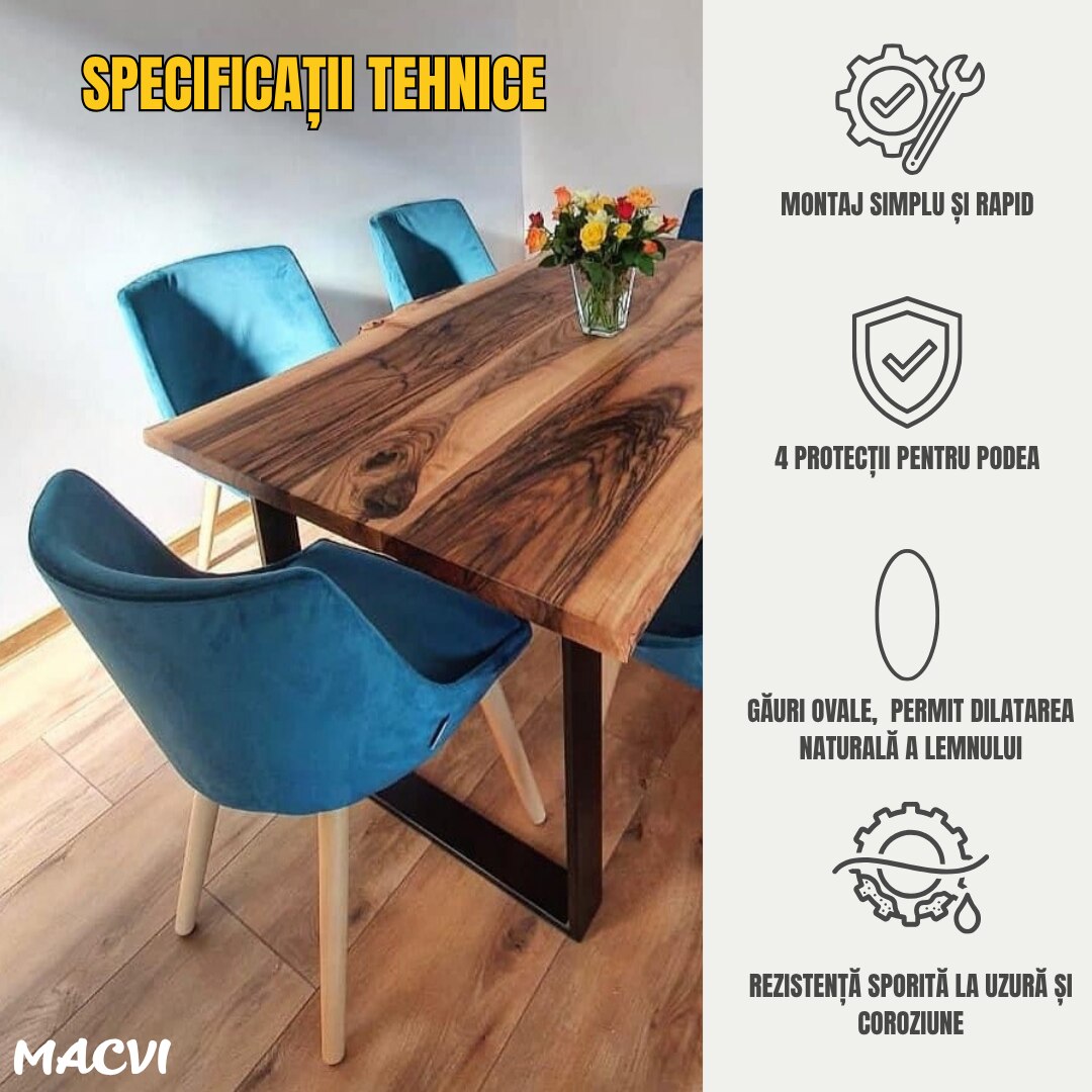 Set 2 Picioare Masa Macvi®, Profil Lat 80 mm, Metal Negru Mat, Vopsire in Camp Electrostatic, Dimensiuni 72x60x8 cm, Design Industrial Modern