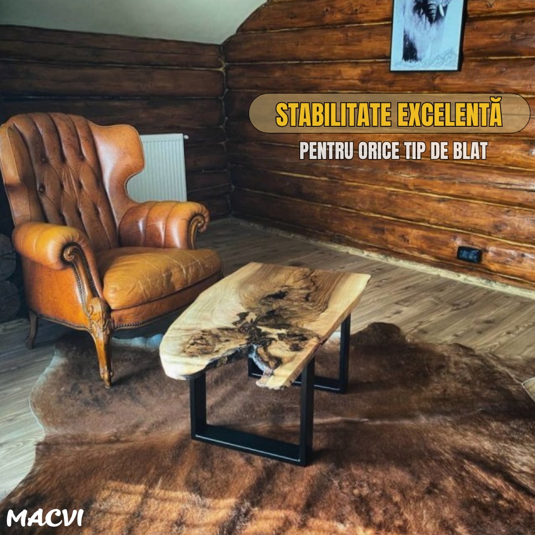 Set 2 Picioare Masa Macvi®, Profil Lat 80 mm, Metal Negru Mat, Vopsire in Camp Electrostatic, Dimensiuni 72x60x8 cm, Design Industrial Modern