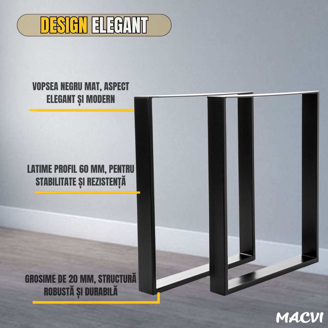 Set 2 Picioare Masa Macvi®, Profil Lat 80 mm, Metal Negru Mat, Vopsire in Camp Electrostatic, Dimensiuni 72x60x8 cm, Design Industrial Modern