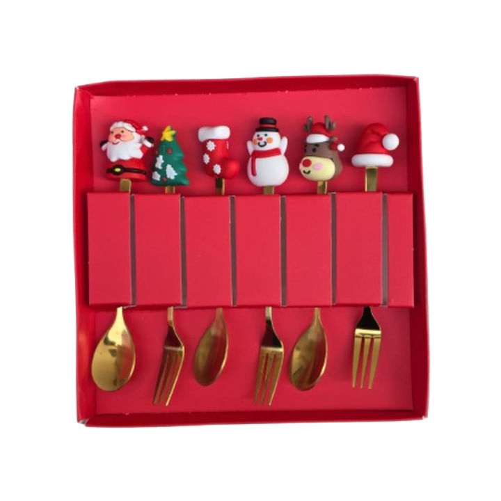 Set 6 Tacamuri, VICTINY®, cu Figurine de Craciun, din Otel Inoxidabil, 3 Furculite, 3 Linguri, Cutie Festiva, 13.5 cm, multicolor/Auriu