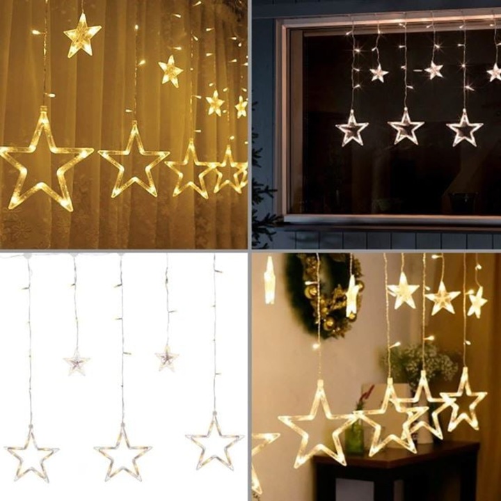 Perdea LED, Generic, 107 becuri stea, alb cald, 4,7m, interior/exterior