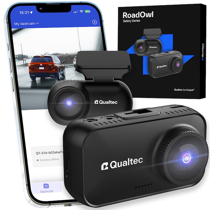 Camera de bord auto, Qualtec by Koppel®, rezolutie reala 2K, tehnologie HDR, ecran IPS 2.7", camera auto fata spate cu marsarier, night vision, interfata RO, G-Sensor, detectare miscare, supercapacitor, WiFi si App, camera masina DVR compacta, RoadOwl