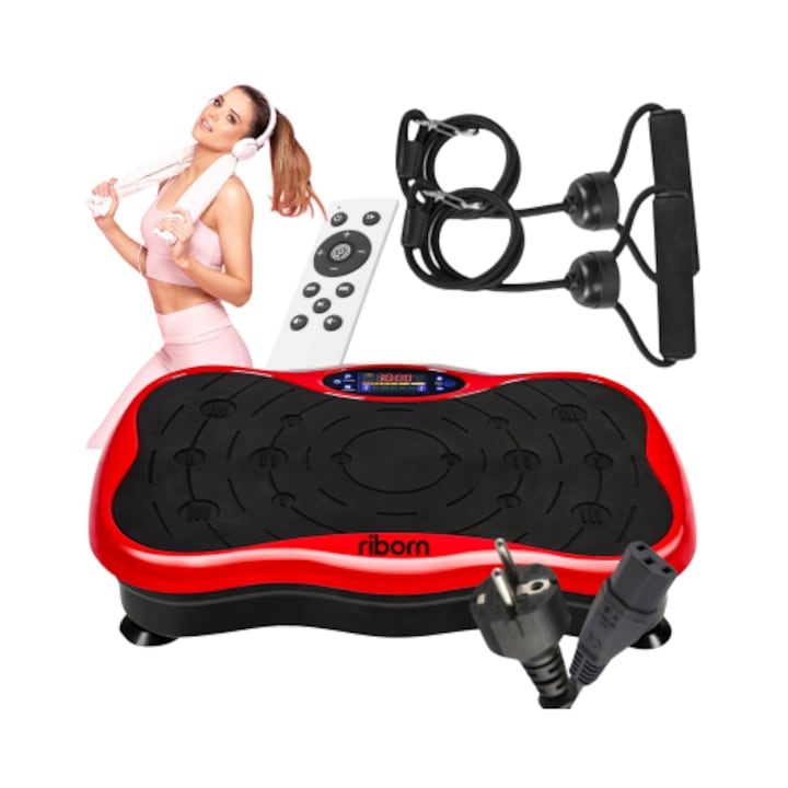 Aparat vibromasaj, RIBORN, platforma vibratii cu 2 benzi de rezistenta fitness, greutate maxim admisa 120 kg, putere 200 W, telecomanda inclusa, rosu