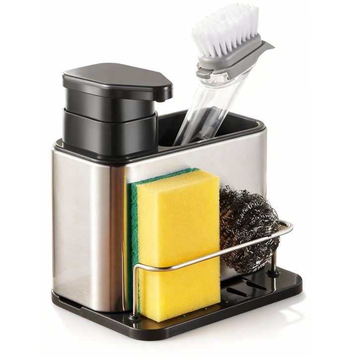Dispenser chiuveta bucatarie pentru detergent lichid vase, cu suport burete si accesorii, organizator modern din inox si plastic rezistent, capacitate 340 ml, argintiu/negru