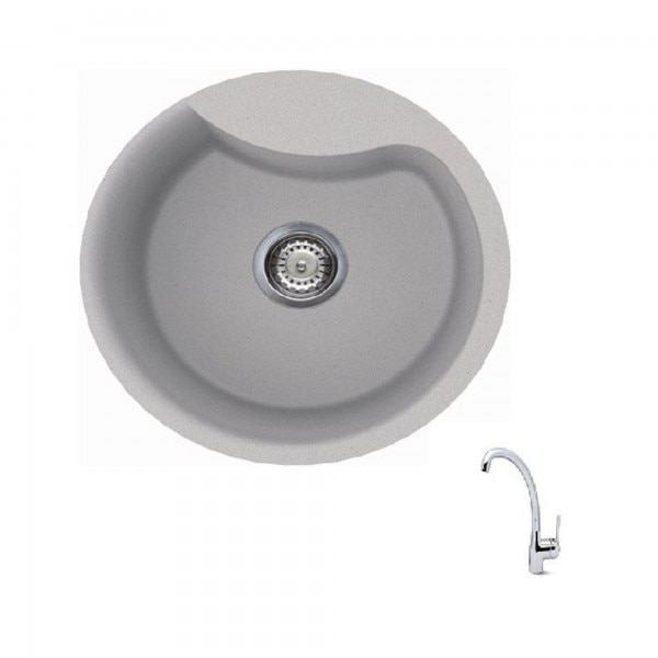 Kit chiuveta bucatarie + baterie Studio Casa Ego Round Aluminium, 485x230, adancime cuva 230 mm, reversibila, montare pe blat