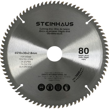 Disc de taiere lemn cu 80 dinti Steinhaus PRO-BL80, 210x30x2.8mm, pentru debitor PRO-MS15 Disc de taiere lemn cu 80 dinti Steinhaus PRO-BL80, 210x30x2.8mm, pentru debitor PRO-MS15