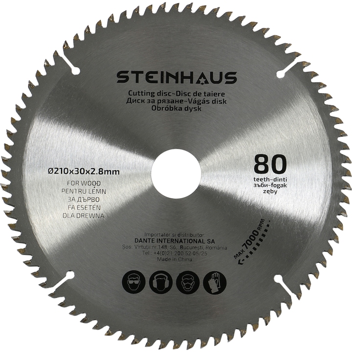 Диск за рязане на дърво с 80 зъба Steinhaus PRO-BL80, 210x30x2.8 мм, За циркуляр PRO-MS15