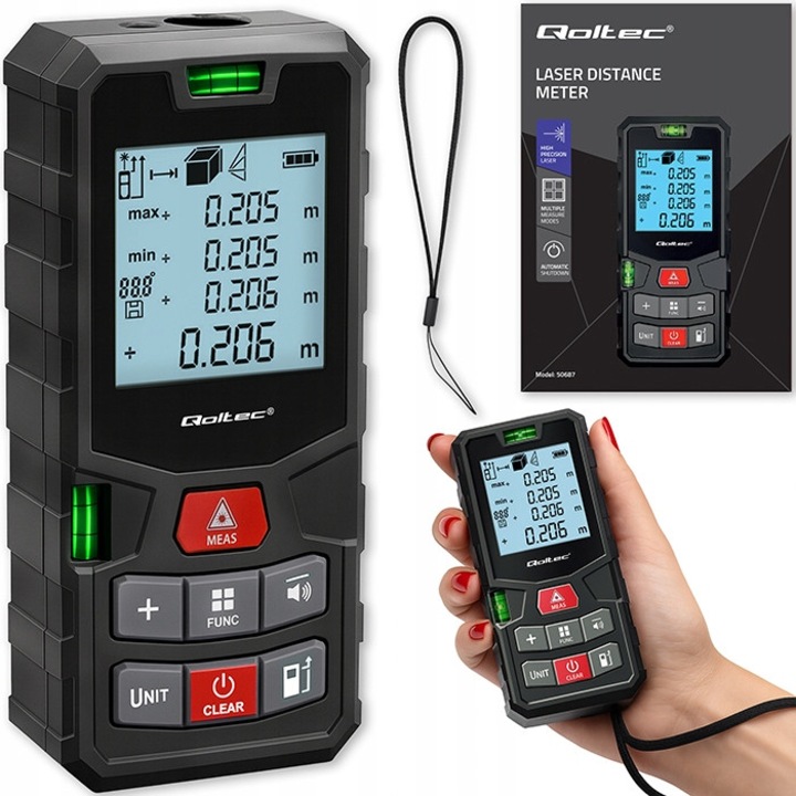 Лазерен далекомер, Qoltec, 50687, Диапазон на измерване 0.05M 120M, Точност на измерване ±2Mm, Материал Abs, Степен на защита Ip54, Размери 110 x 50 x 25 mm, Черен, Червен