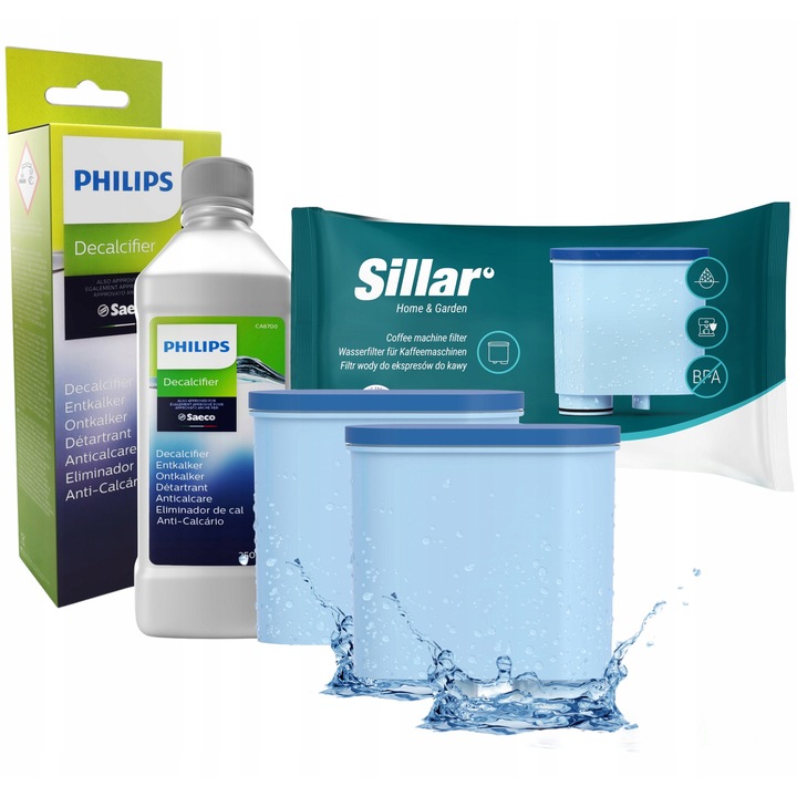 Set Intretinere aparat de cafea, Philips, 2x filtru apa CA6903/00, 1x detartrant CA6700/22 250 ml