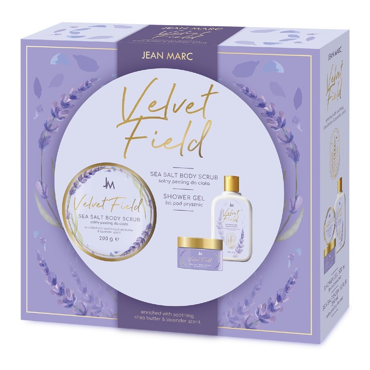 Set JEAN MARC Velvet Field, tusfürdő gél 250ml, testradír 200ml, virágos illat