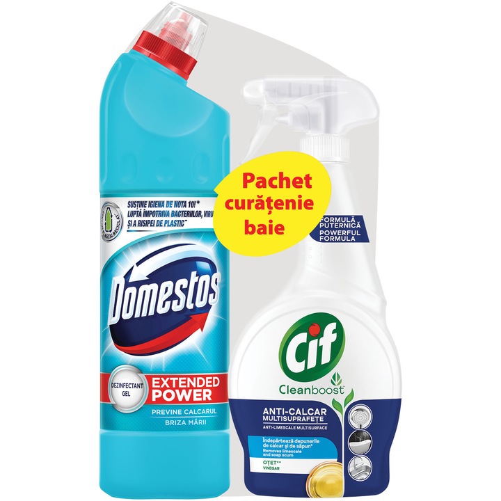 Pachet curatenie Dezinfectant Domestos Atlantic, 750ml + Cif spray baie, 500ml