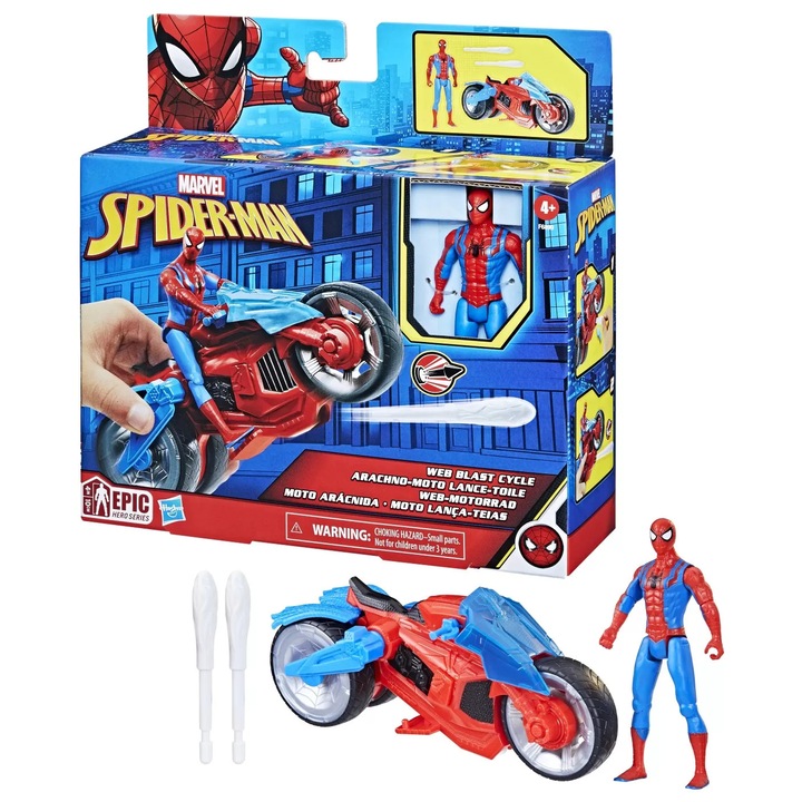 Figurina cu motocicleta, Marvel Spider- Man, Web Blast Cycle, 10 cm