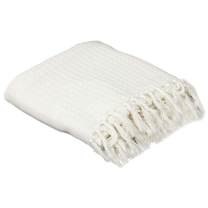 Patura pentru pat sau canapea, model waffle culoare alb fildes, 100 % bumbac, design modern, L. 170 x l. 250 cm
