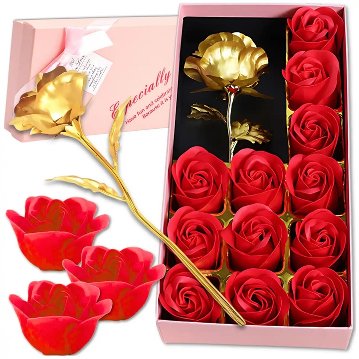 Set cadou 12 trandafiri din sapun, 22,5x11,5x4,5cm, Rosu