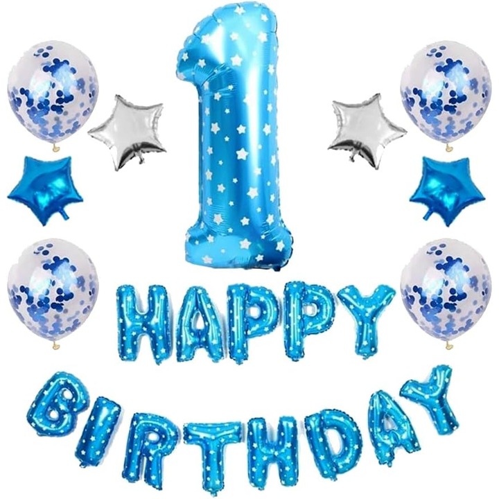 Lufi és dekoráció szett 1. születésnapra, latex és fólia, 11 darab, kék