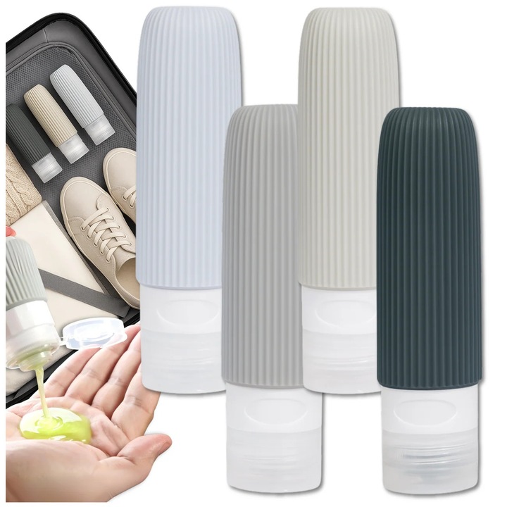 Set 4 sticle de calatorie reutilizabile Edibazzar, silicon, multicolor, 90 ml