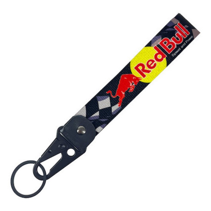 Breloc RedBull, ideal pentru Chei Auto / Moto / Casa / Garaj, dar si atasat de geanta/rucsac, din material textil, cu inel metalic, extrem de rezistent, pentru fete si baieti, Negru