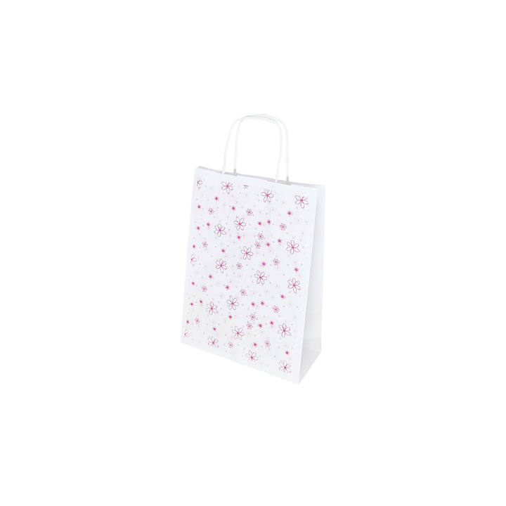Set 200 bucati Punga Hartie Kraft cu Model Floral Pink Bubble 18 x 22(H) x 8cm
