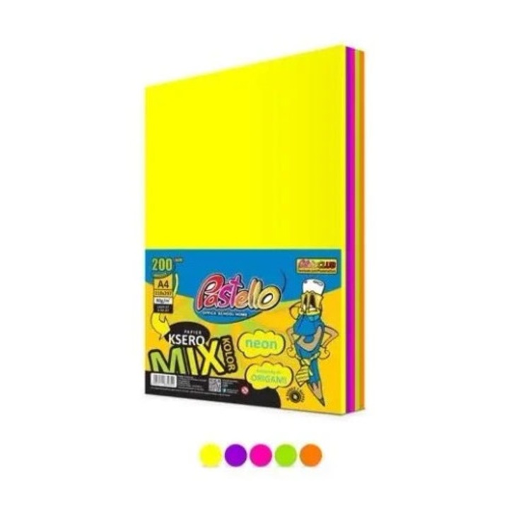 Hartie copiator A4 75g, Alfa Pastello, set 200 arcuri, 5 culori neon