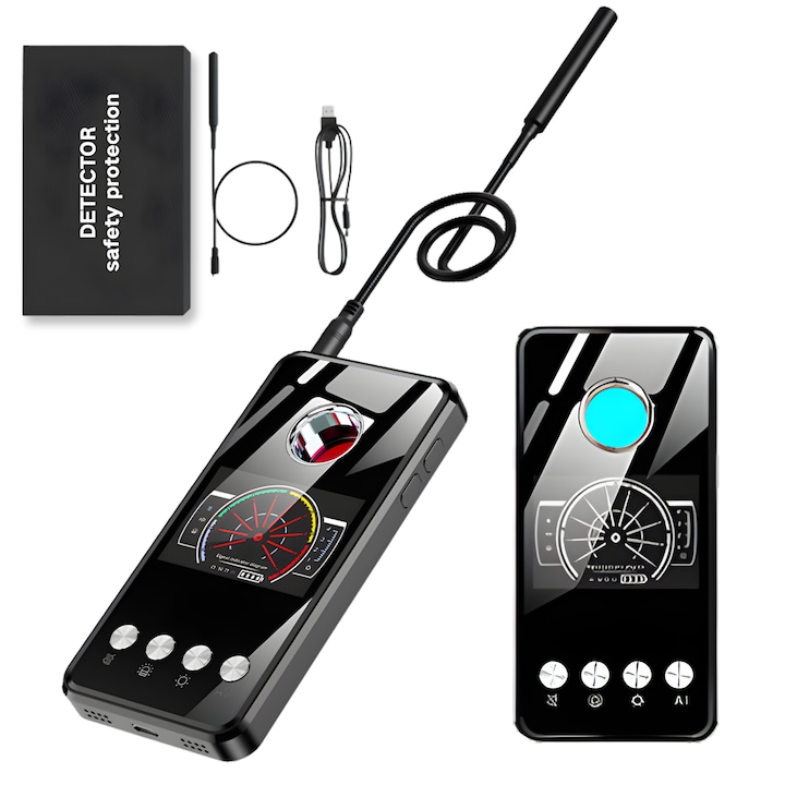 Detector Smart AI profesional pentru camere ascunse, microfoane si dispozitive GPS, Protectie completa impotriva supravegherii ilegale, Detectie RF, IR si lentile, Ecran digital, Senzor AI inteligent, Distanta pana la 20 metri, Sonda inclusa, Baterie 1200