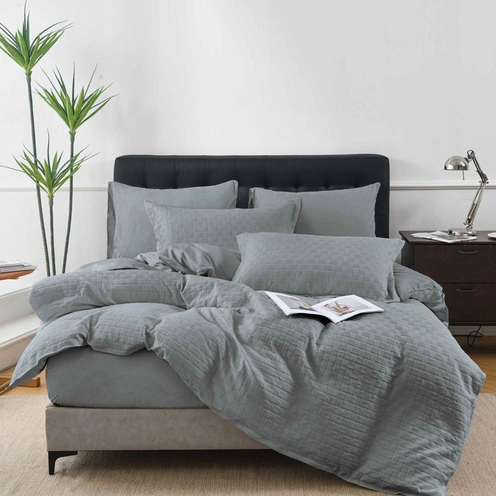 Lenjerie de pat, 2 persoane, finet, model tricotat, 4 piese, cu elastic, uni, gri, LELT108