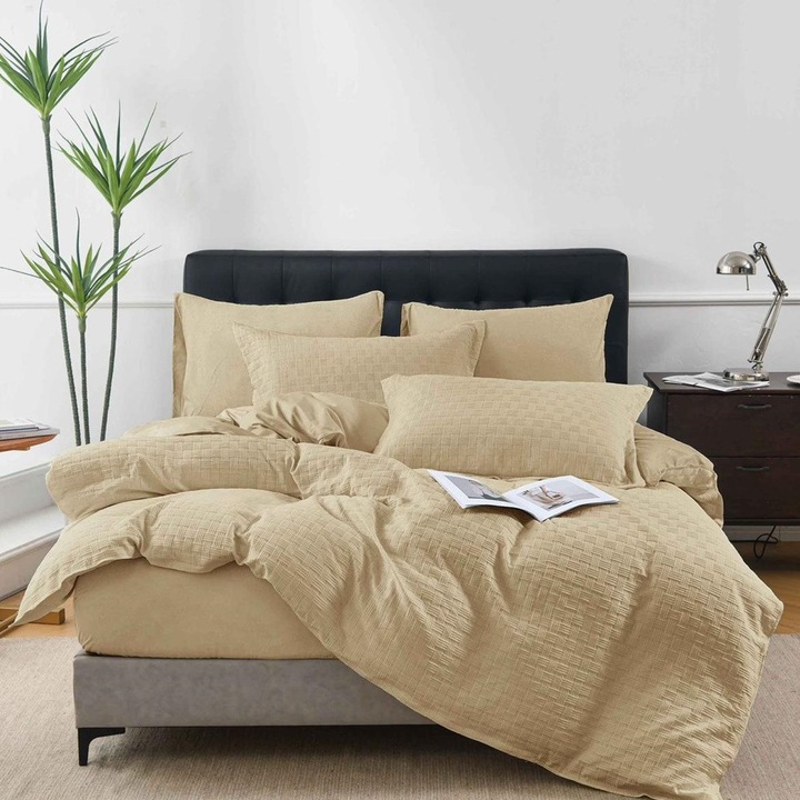 Lenjerie de pat, 2 persoane, finet, model tricotat, 4 piese, cu elastic, uni, maro, LELT105