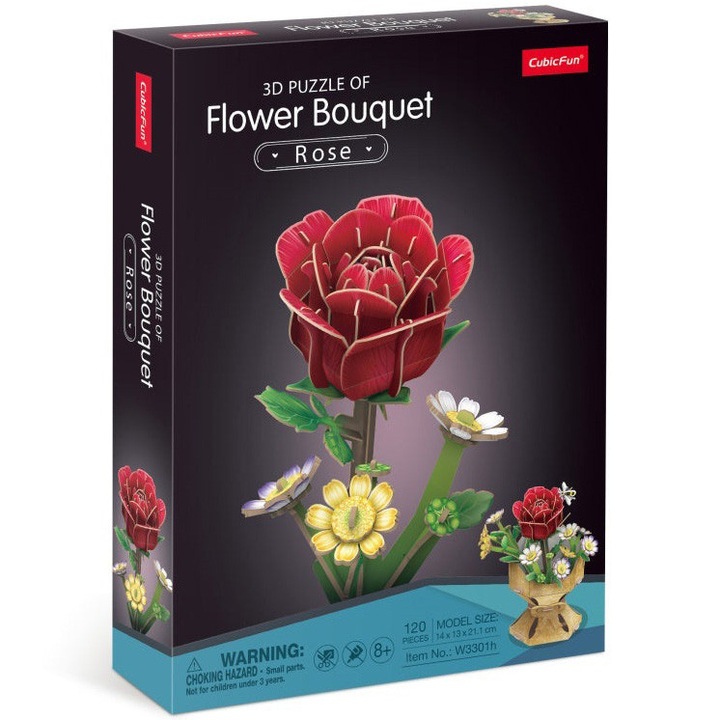 Puzzle 3D Cubic Fun - Flower Bouquet, Trandafir, 120 piese