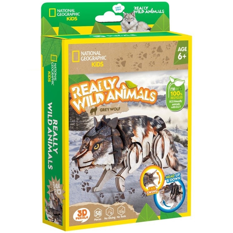Puzzle 3D National Geographic Kids - Animale salbatice, Lup Cenusiu, 58 piese