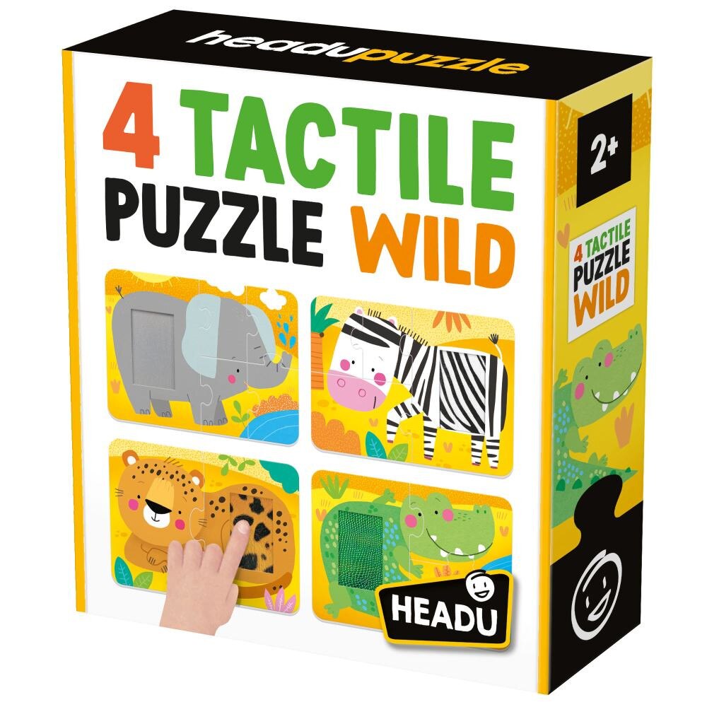 Set 4 puzzle-uri tactile Headu - Animale din salbaticie, 2/3/4/5 piese