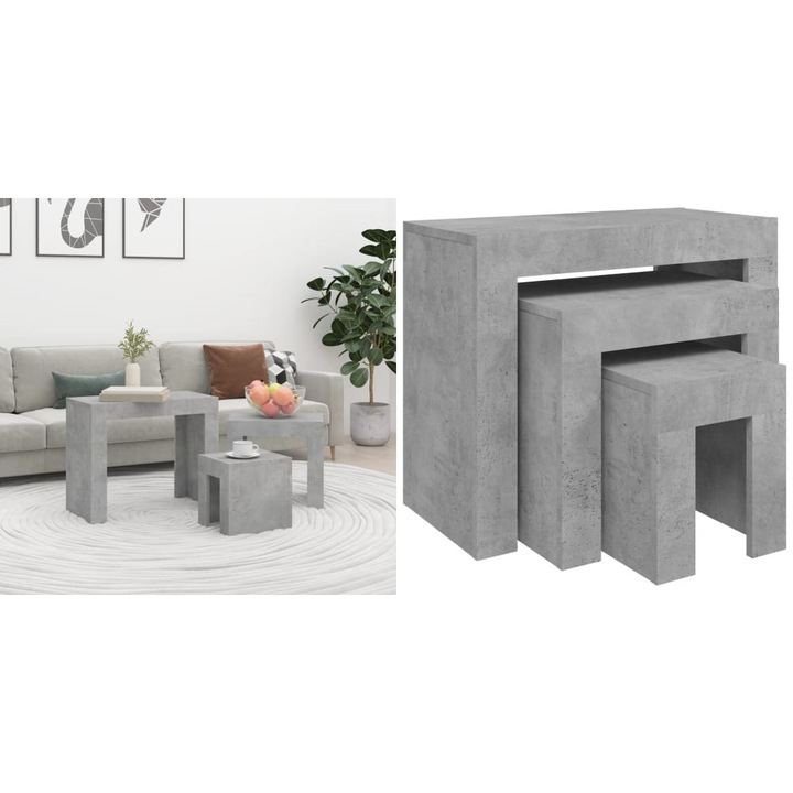 Masute de cafea suprapuse, 3 buc., gri beton, lemn prelucrat