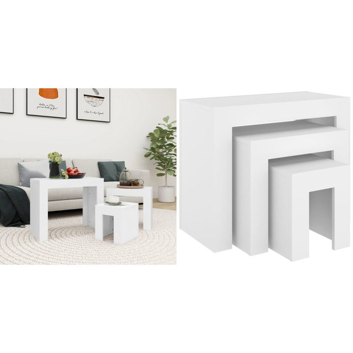 Masute de cafea suprapuse, 3 buc., alb, lemn prelucrat