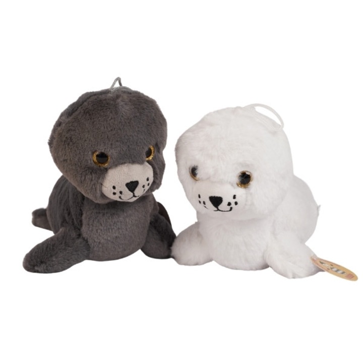 Jucarie de plus Foca pufosa, 25 cm, Alb sau Gri, mascota moale si realista, material catifelat, cadou copii, colectia animale marine, foca de zapada