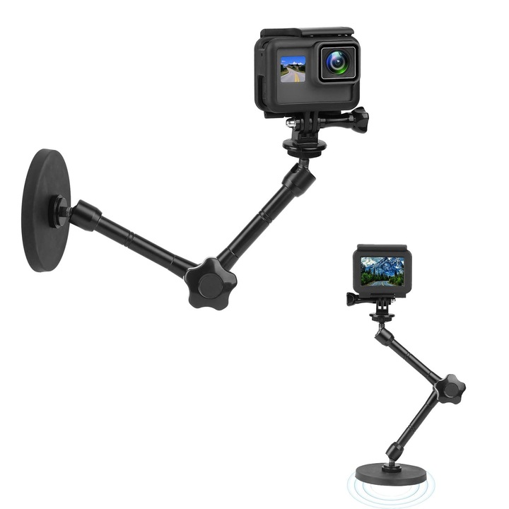 Магнитна Поддръжка За Екшън Камера Gopro Hero/Insta 360 / Dji Osmo/Akaso, Гумена Магнитна Основа С Диаметър 3,46 Инча, Регулируемо Рамо От Алуминиева Сплав С Дължина 10 Инча (Черно)