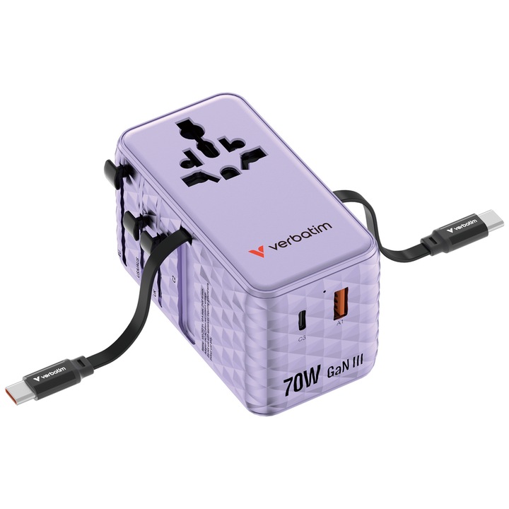 Adaptor calatorie Verbatim GaN,70W,2 cabluri retractabile, USB-C PD 3.0 QC4+ pana la 70W/USB-A QC 4+ pana la 60W, violet