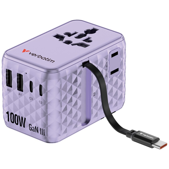 Adaptor calatorie Verbatim GaN,100W,cablu retractabil USB-C PD 3.0 QC4+ pana la 100W/USB-A pana la 12W, violet