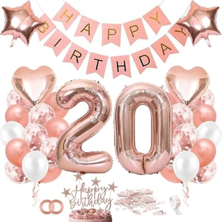 Lufi és Dekorációs Szett 20. Születésnapra, 40 db, Latex és Fólia, Rozé Arany és Bézs