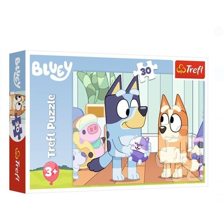 Пъзел Bluey, 30 части – Trefl, 27×20 см, за деца 3+, безопасни цветове (хранителен произход), развива вниманието и логиката